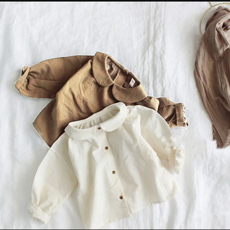 Camisas de estilo coreano para ni&ntilde;os y ni&ntilde;as, Blusa de manga larga con cuello Peter Pan de Color s&oacute;lido, Tops informales, ropa para ni&ntilde;os E72, novedad de Oto&ntilde;o de 2021-2