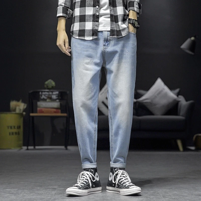 

Men's Stretch Loose Fit Jeans Brand New Scratched Pants Torn Gentleman Solid Cotton Vintage Washed Danim Trousers Menswear