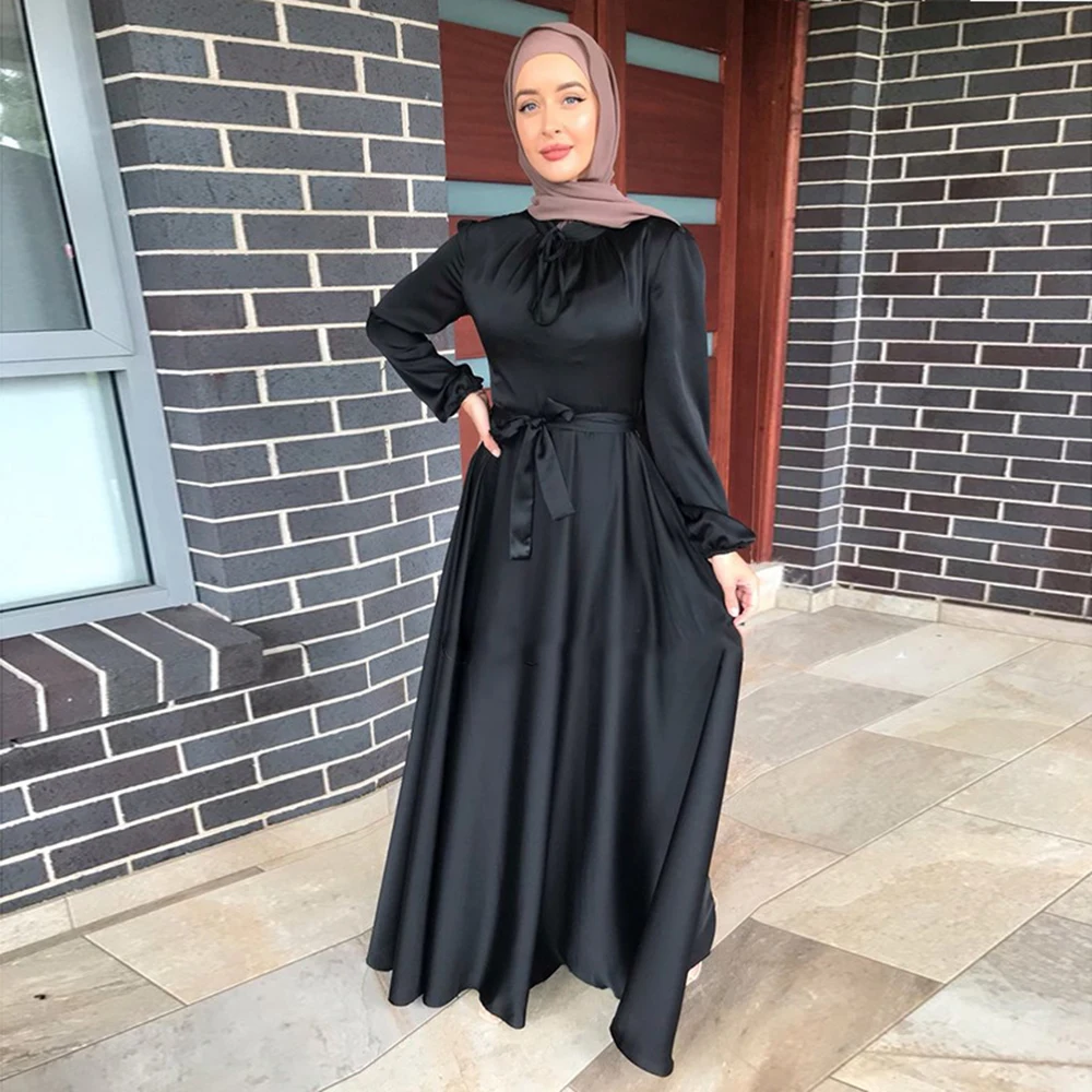 Elegant Abaya Dubai Turkey Arabic Muslim Satin Dress For Women Islam Caftan Marocain De Soiree Vestido Robe Longue Femme Kaftan