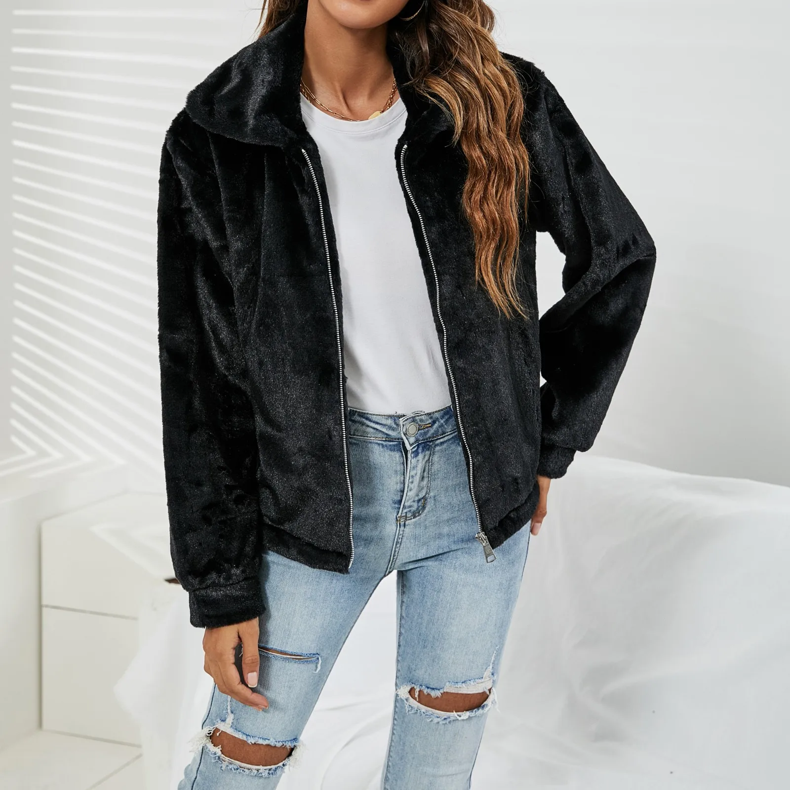 

Women's Black Plush Lapel Jacket 2021 Winter Warm Fluffy Jacket Casual Fashion Drawstring Hoodie Ladies Faux Fur Overcoat 2021