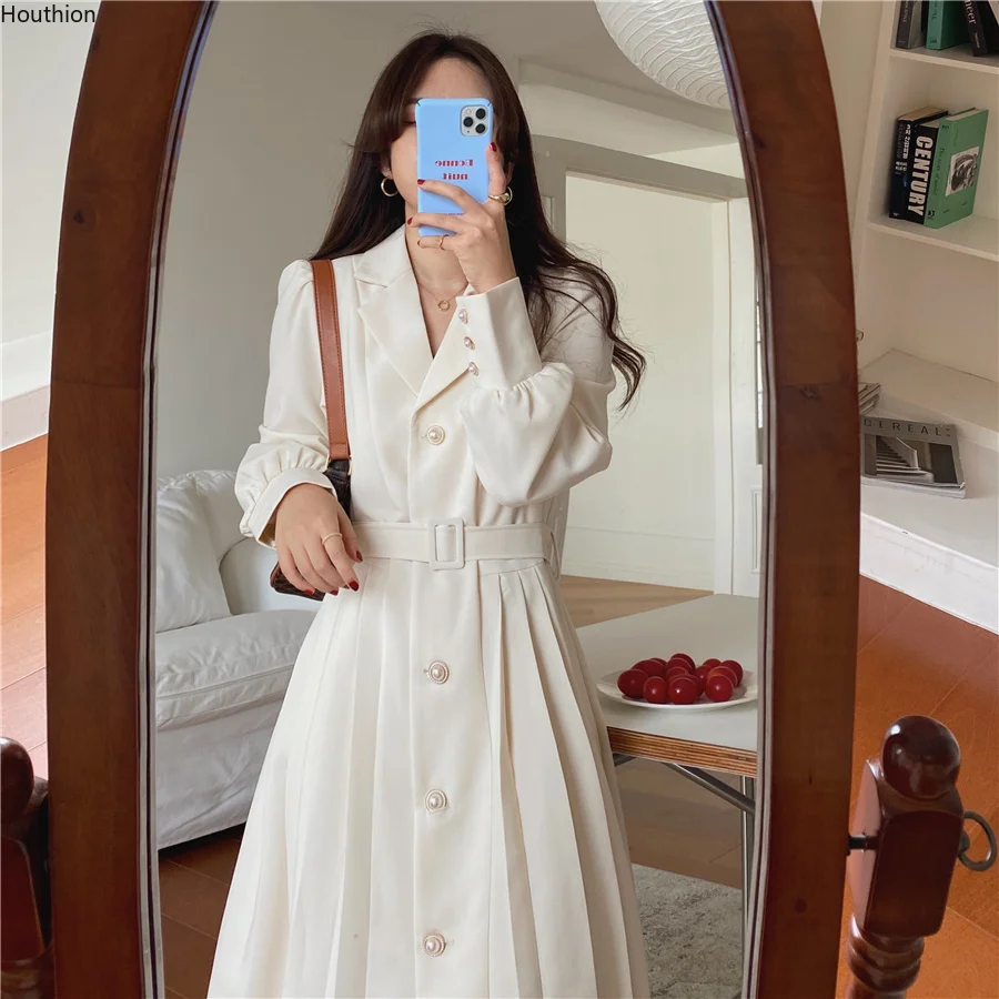 

Chiffon Loose Women Dresses New Fashion Casual Long Sleeve Dress Solid Color V-neck Autumn A-LINE Mid-Calf Houthion