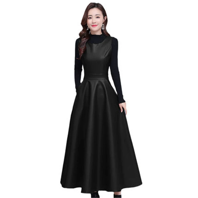 

2021 New Arrivals Women's Two Piece Sets Spring Autumn PU Leather Long Dress And Knitted Sweaters Suits Slim Female 2 Sets M14