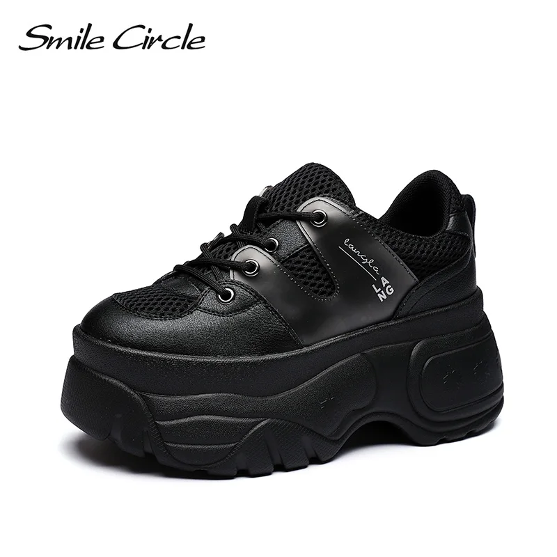Smile Circle Genuine Leather Sneakers Women Flat Platform Shoes Autumn Breathable mesh women Thick bottom shoes
