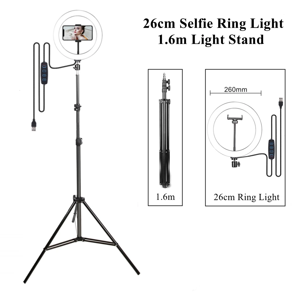 

Anillo de luz LED para Selfie, trípode de 1,6 m y 160cm con lámpara, iluminación de 10 pulgadas para teléfono, estudio en vivo,