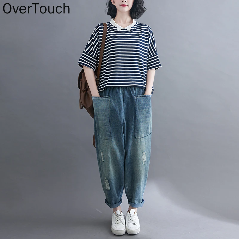 

Plus Size Women Jeans Pants High Waist Denim Ripped Loose Harem Female Elastic Pockets Blue Trousers Large Size 3XL 2021