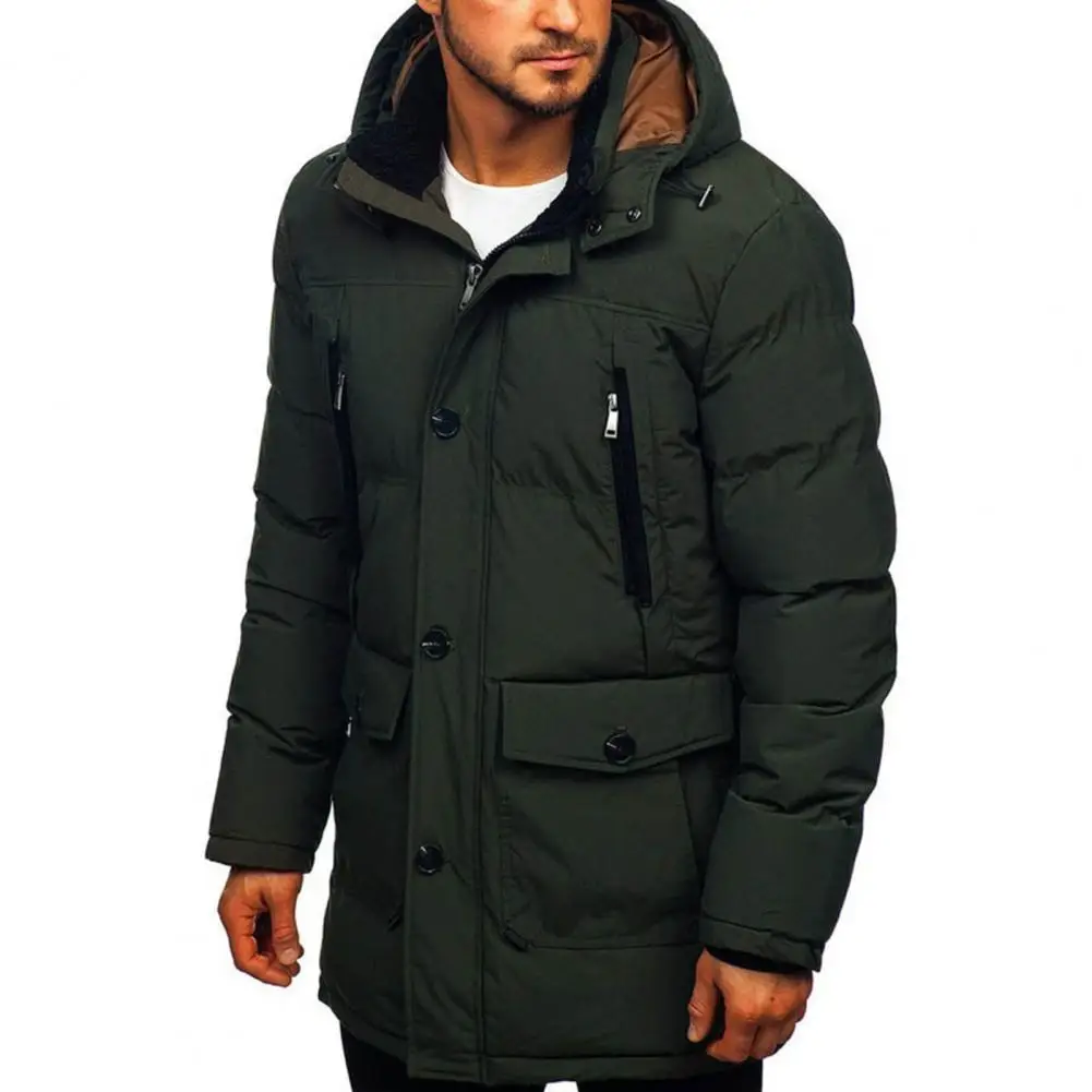 Hooded Jacket Thickened Zipper Closure Stand-up Collar Single Breasted Winter Coats for Men