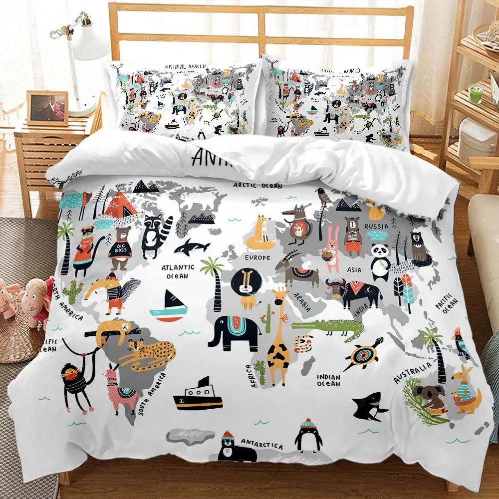 

World Map Bedding Comforter Cover Set Duvet Cover Cartoon King Queen Single Bedding Sets Soft Microfiber Decor