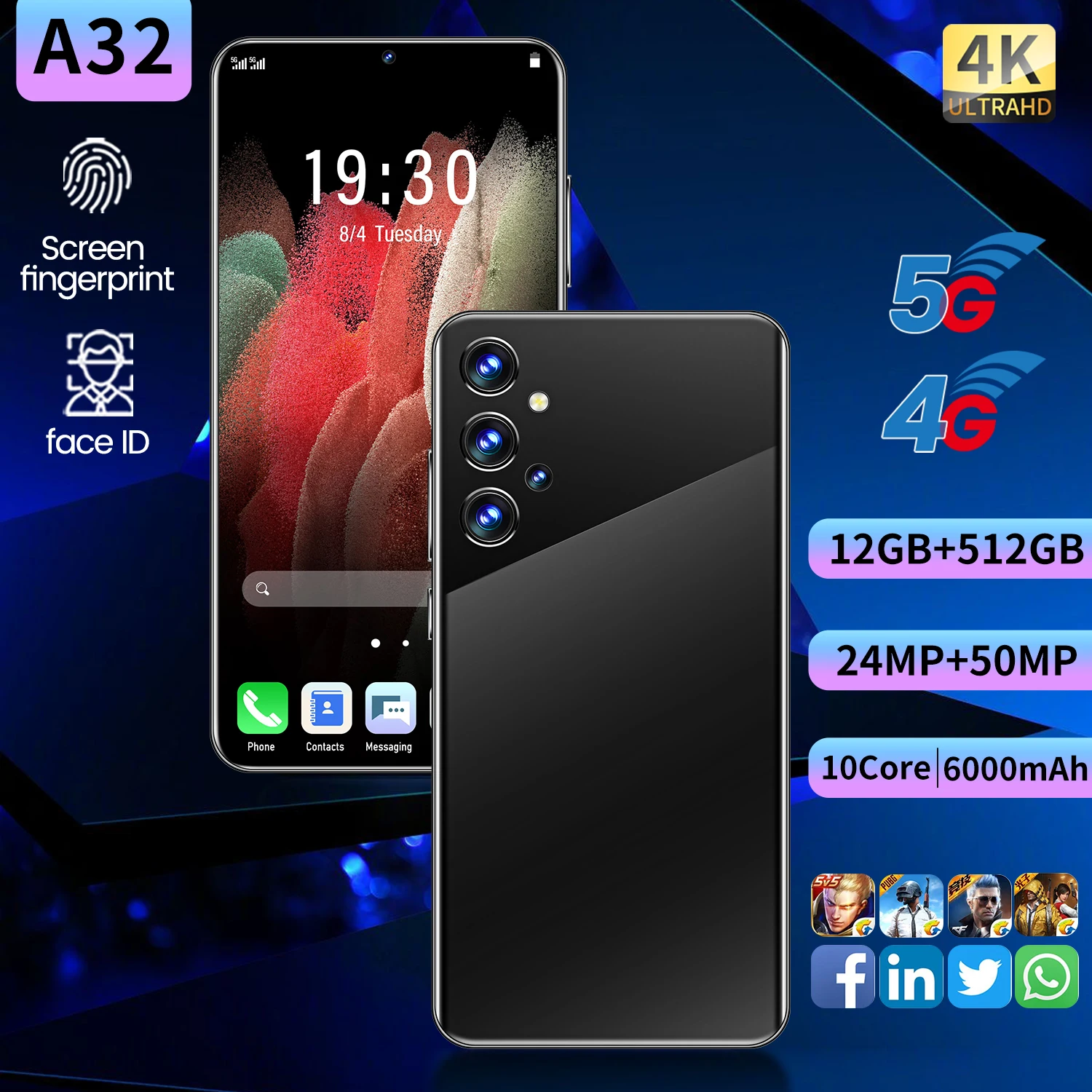

A32 Fingerprint Unlock 128/256GB 6.7 Inch 6000mAh Deca Core Andriod Cell Phone 4G 5G Dual SIM FAce ID Smart Phone Black Gold