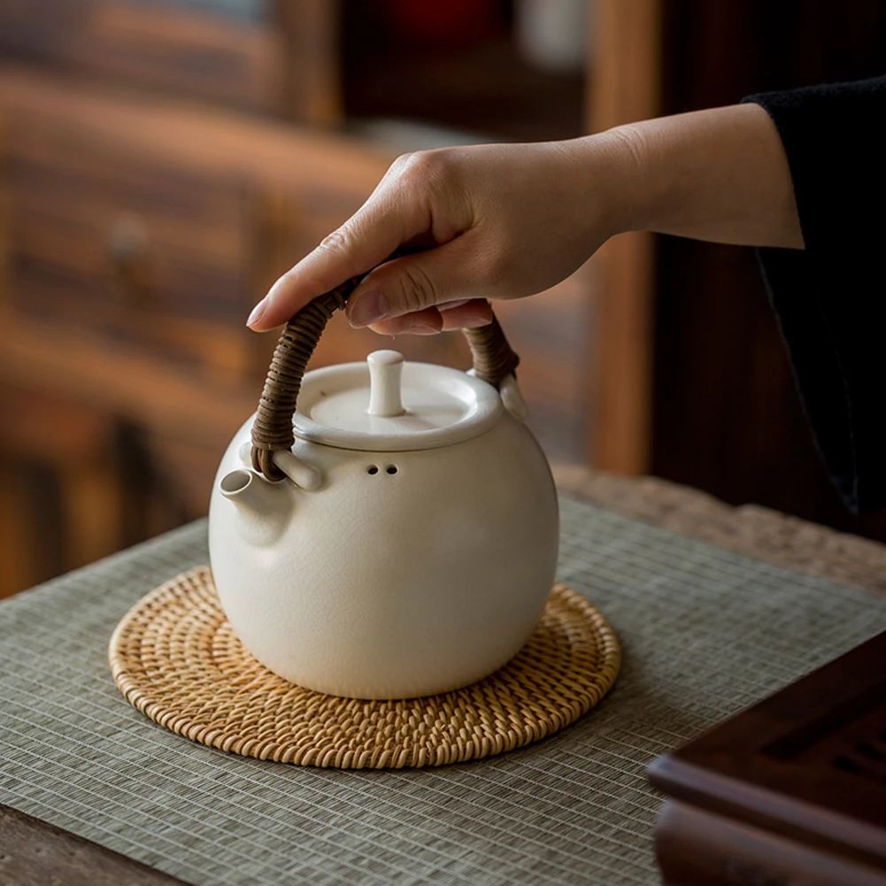 

6PCS Natural Rattan Woven Placemat Kitchen Heat Handmade Insulation Round Holder Drink Coaster Table Padding Cup Mats Tea Pot