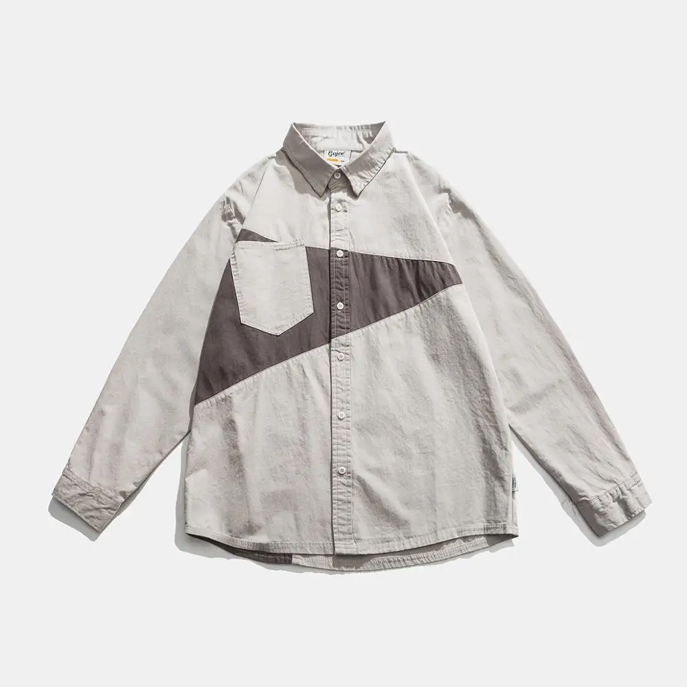 Мужская хлопковая рубашка с длинным рукавом и карманами в японском стиле весна