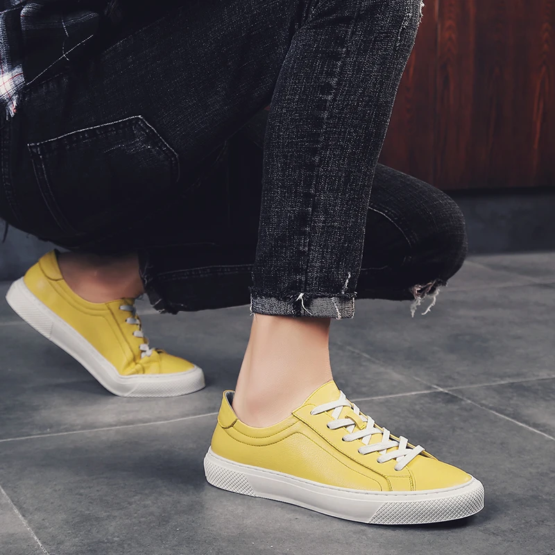 2022 New Men Shoes Leather Sneakers Walking Fashion Casual Footwear Lace-up Solid Male Comfortable Flats Yellow White Shoe | Обувь