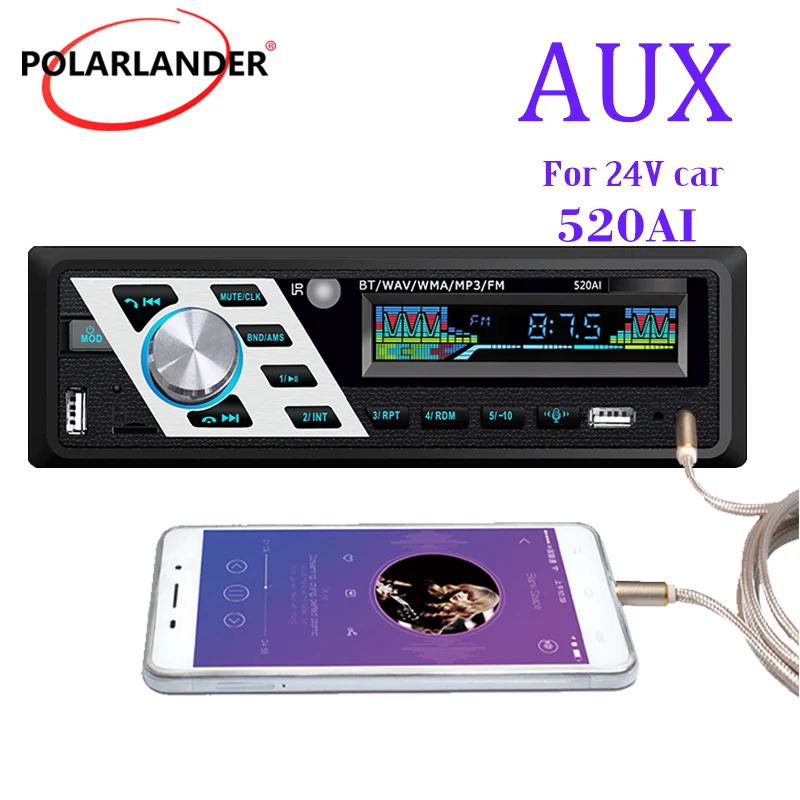 

Car Radio 1Din OLED Autoradio MP3 Player Color Button TF Card FM 24V AUX U Disk USB ISO Interface Bluetooth 4.2 520AI Hands-free