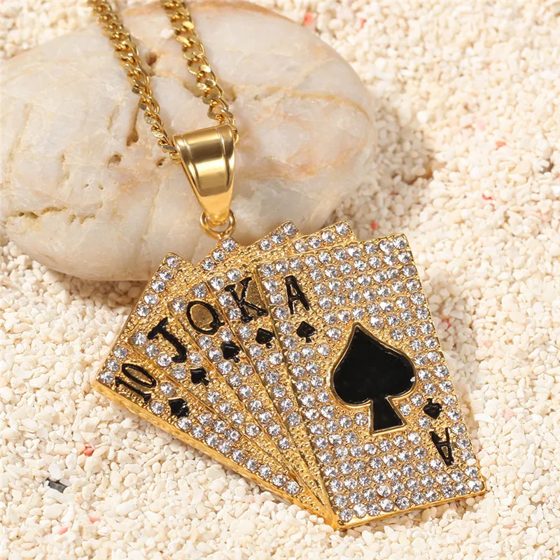 

AGLOVER 24 Inch New Diamond Zircon Playing Card Pendant Gold Necklace For Men Hip Hop Rock Fashion Charm Jewelry Gift