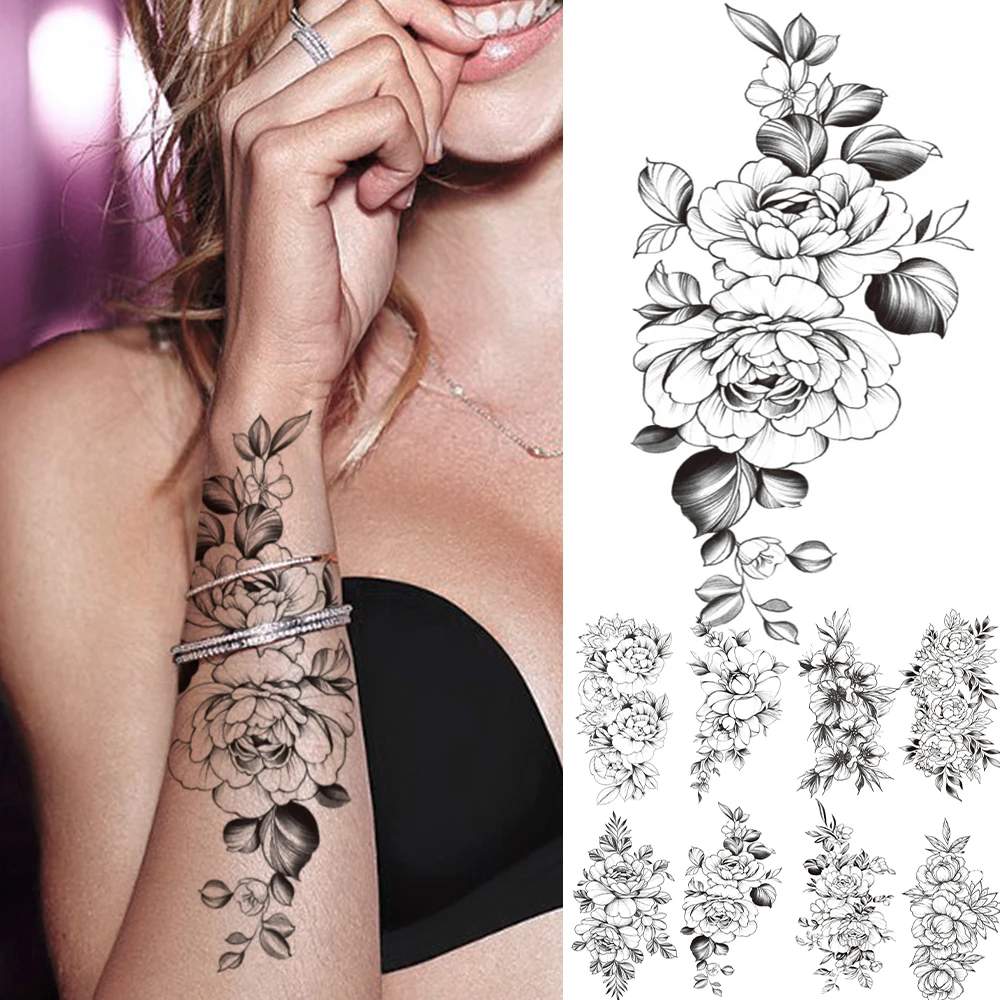 

Sexy Black Peony Temporary Tattoos For Women Girl Female Fake Rose Azalea Leaves Realistic Tattoo Stickers Large Washable Tattos