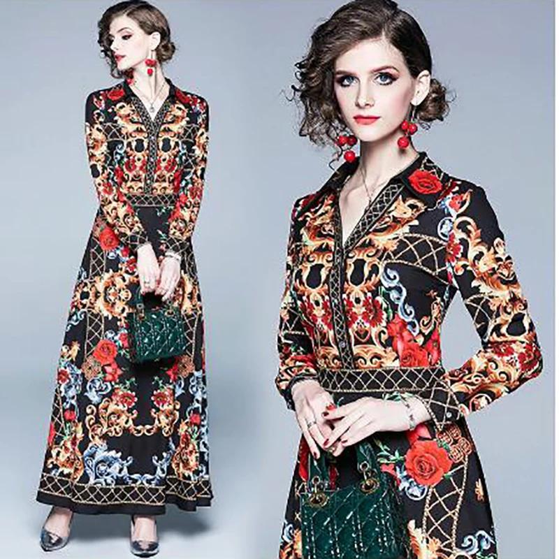 

Женское платье с винтажным принтом бренди, повседневное вечерние чное Платье макси с длинным рукавом, в богемном стиле, для осени, длинное п...