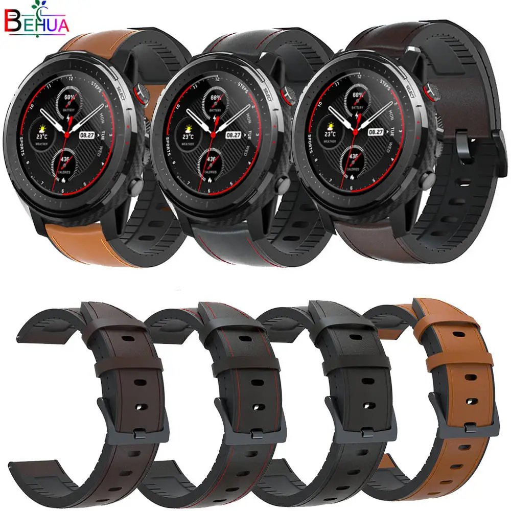 

22mm silicone+Leather Straps Watchband Wristband for huami Amazfit Stratos 3 2 2S Wriststrap bracelet For Garmin Vivoactive 4
