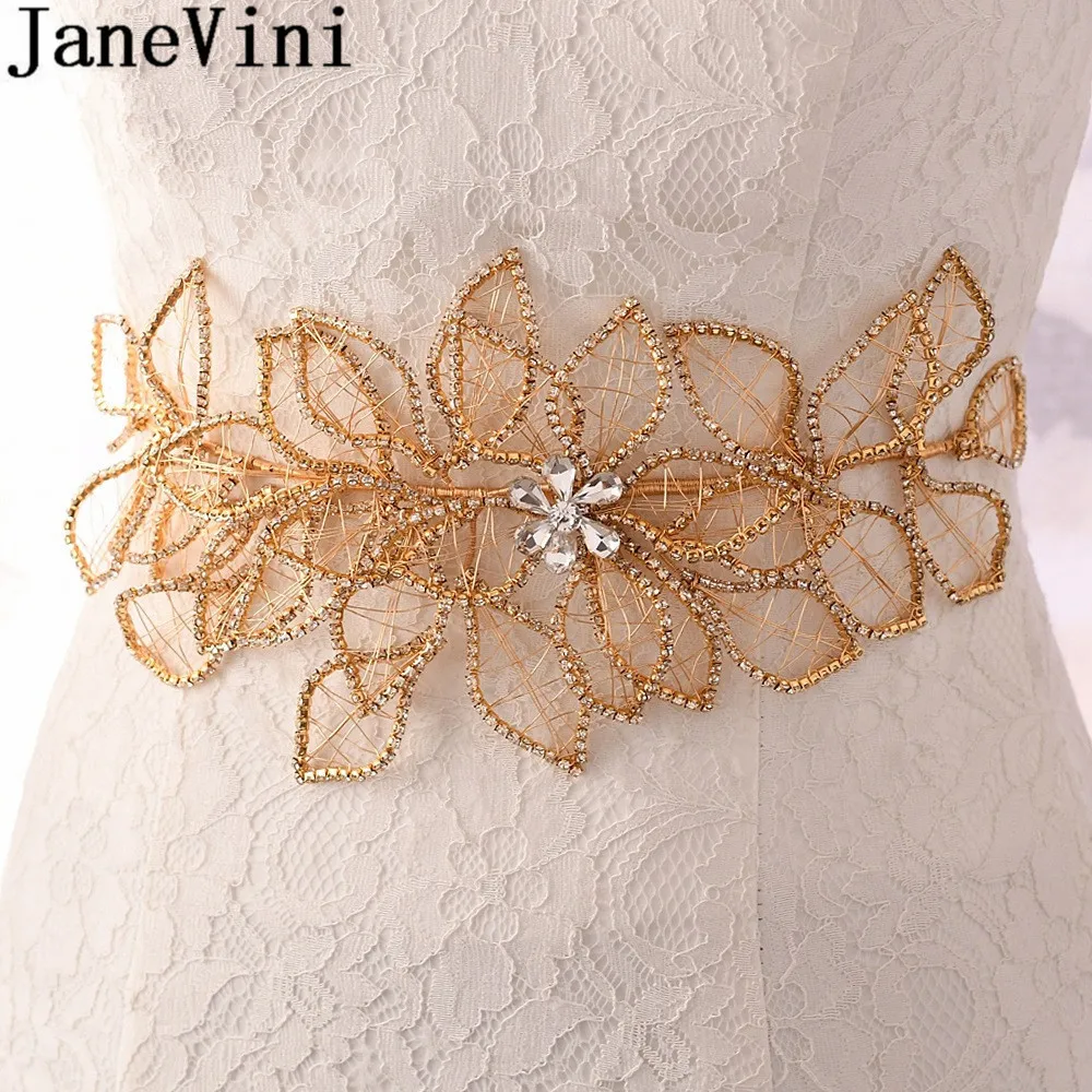 

JaneVini Luxury Gold Crystal Bridal Belts and Sashes Rhinestone Beaded Bride Bridesmaid Waistband Ribbon Belt cinto novia 2020