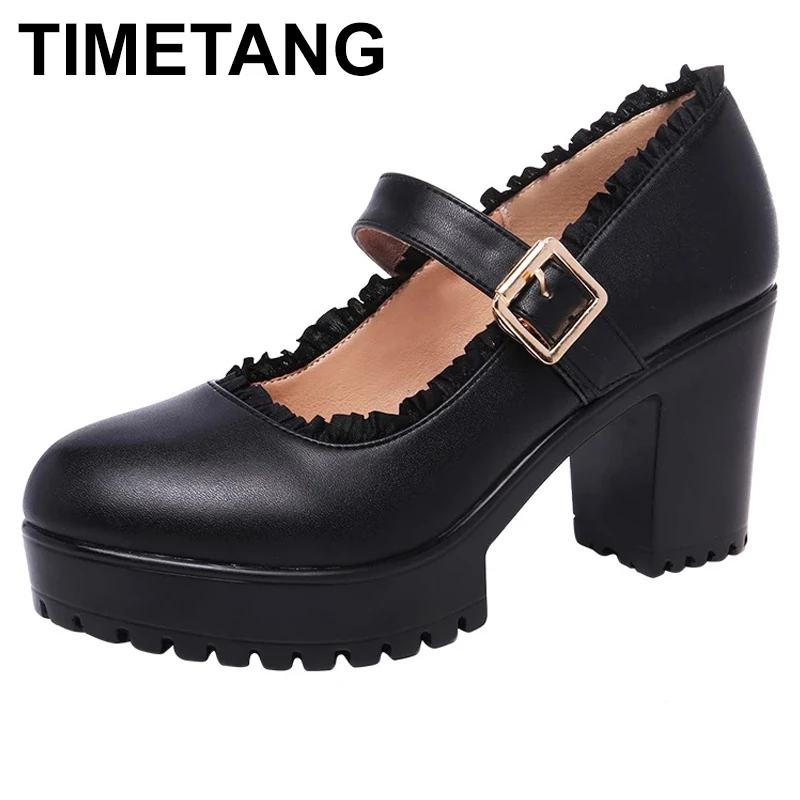 

TIMETANG Plus Size 32-43 15cm Block Heel Platform Pumps Women Wedding Shoes 2021 Autumn High Heels Shoes Ladies Mary Jane Shoes