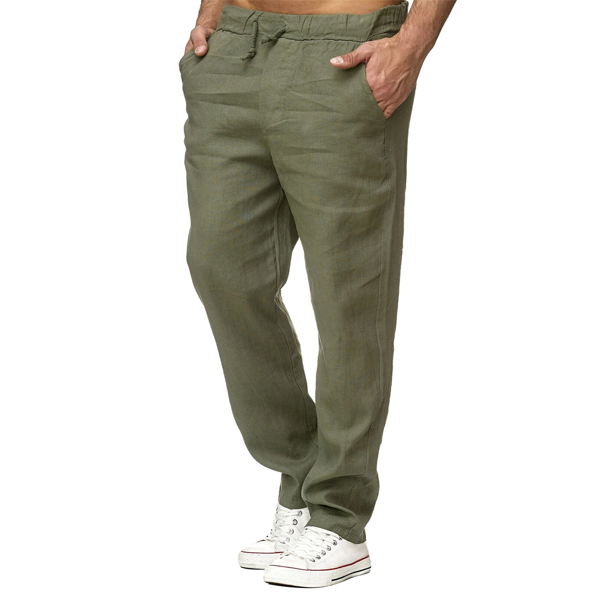 

2020 Men Solid Color Linen Trousers Elastic Drawstring Straight Pants Casual Loose Long Pant Khaki Green Blue Black Autumn
