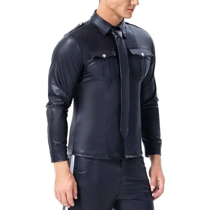 Черная Мужская футболка из искусственной кожи с длинным рукавом футболки