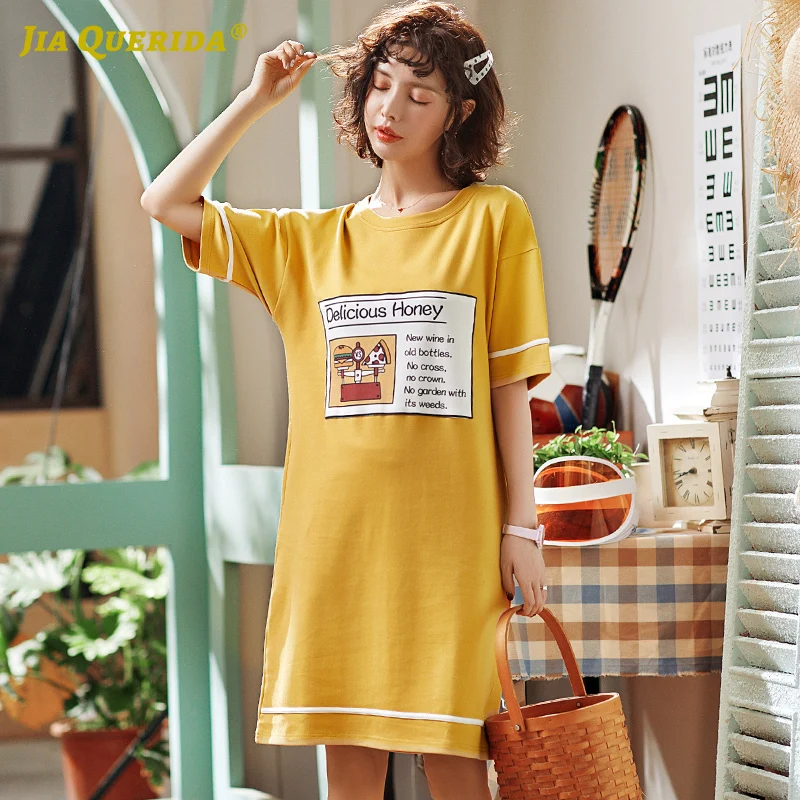 Korean Style Lady's Pajamas Yellow Printing Sleepshirt Long Shirt Womens Nightgowns Round Neck Knitted 100% Cotton Chic Homewear | Женская