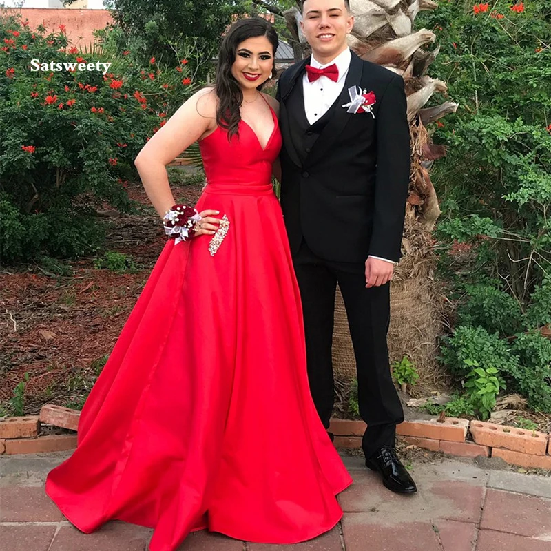 

Sexy Red Satin A-line Prom Dresses V-neck Spaghetti Straps Evening Gowns Long Vestidos de fiesta Formal Party Dress With Pocket