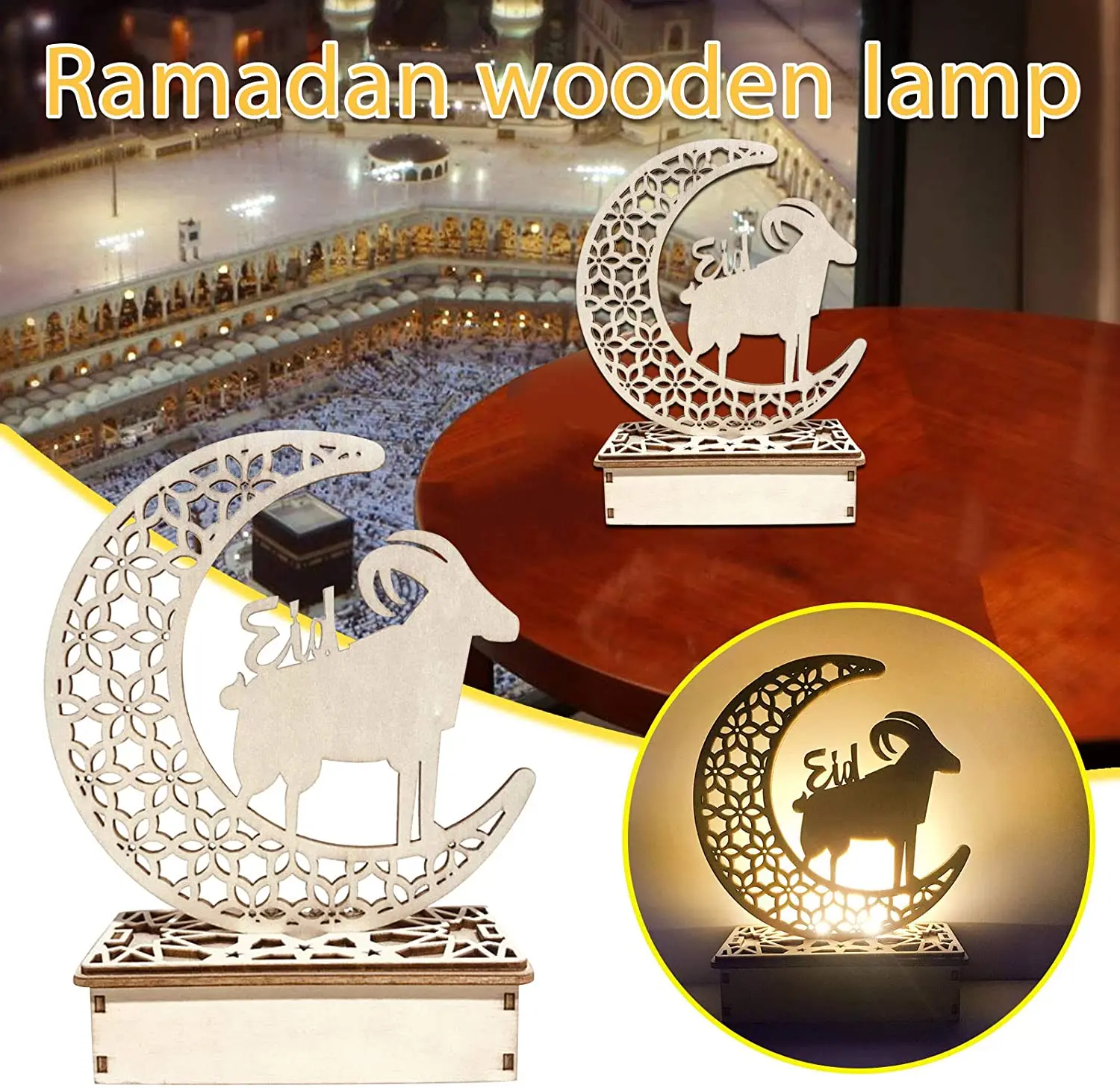 

Eid Crafts Night Light, Handmade 3D Wooden Moon Star LED Lights Decor, Ramadan Mubarak Lamp Decorations, Home Party Bedroom Eid