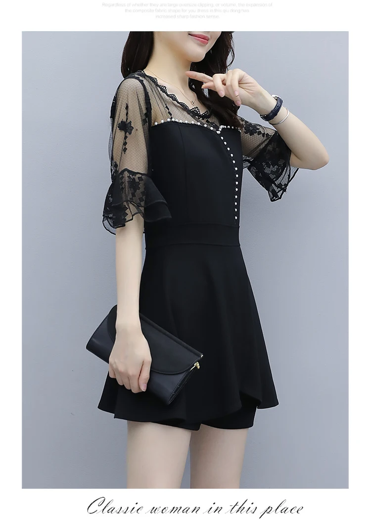 

L-5XL Plus Size Women Suits Office Two Piece Set 2021 Summer Fashion Lace Patchwork Tunic Tops +Shorts 2 Piece Set Formal Female