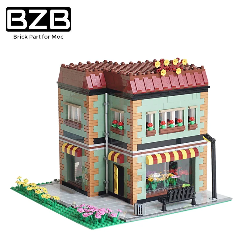 

BZB MOC 3906, здание с изображением городской улицы, цветочный магазин, модель дома, для детей, подарки на день рождения, игрушки для самостоятель...