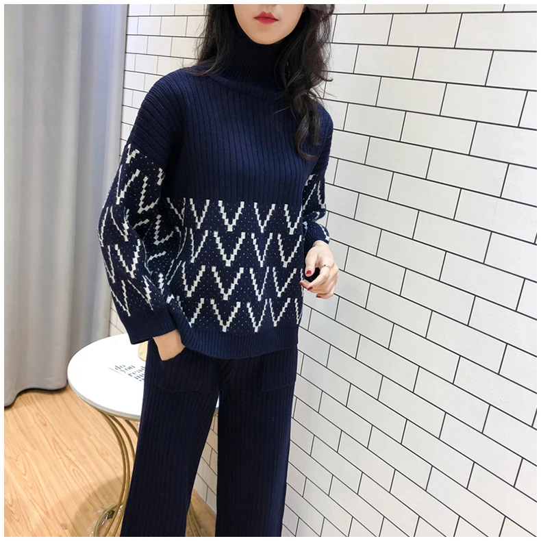 ALPHALMODA, Зимний пуловер с круглым вырезом, Свободный вязаный свитер+ широкие вязанные штаны, Женский Повседневный костюм из 2 предметов, черный и синий цвета