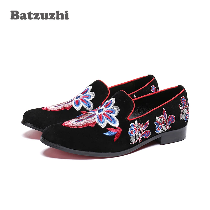 

Batzuzhi Italian Type Men Shoes Black Suede Embroidery Flowers Men's Loafer Shoes Erkek Ayakkabi Party Dress Shoes Men, Big US12