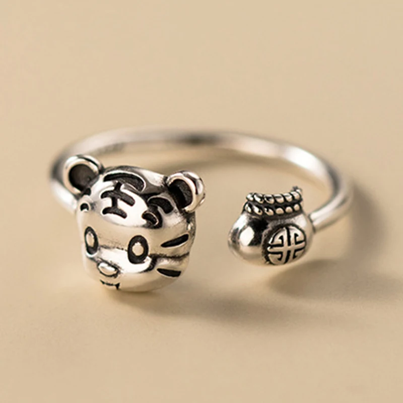 

Регулируемое массивное кольцо с милым тигром, серебро 925 пробы, ювелирные изделия для женщин и девушек, Винтажное кольцо