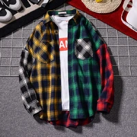 japanese fashion button down shirts for men couple style plaid long sleeved shirt loose color matching hip hop trend thin shirt