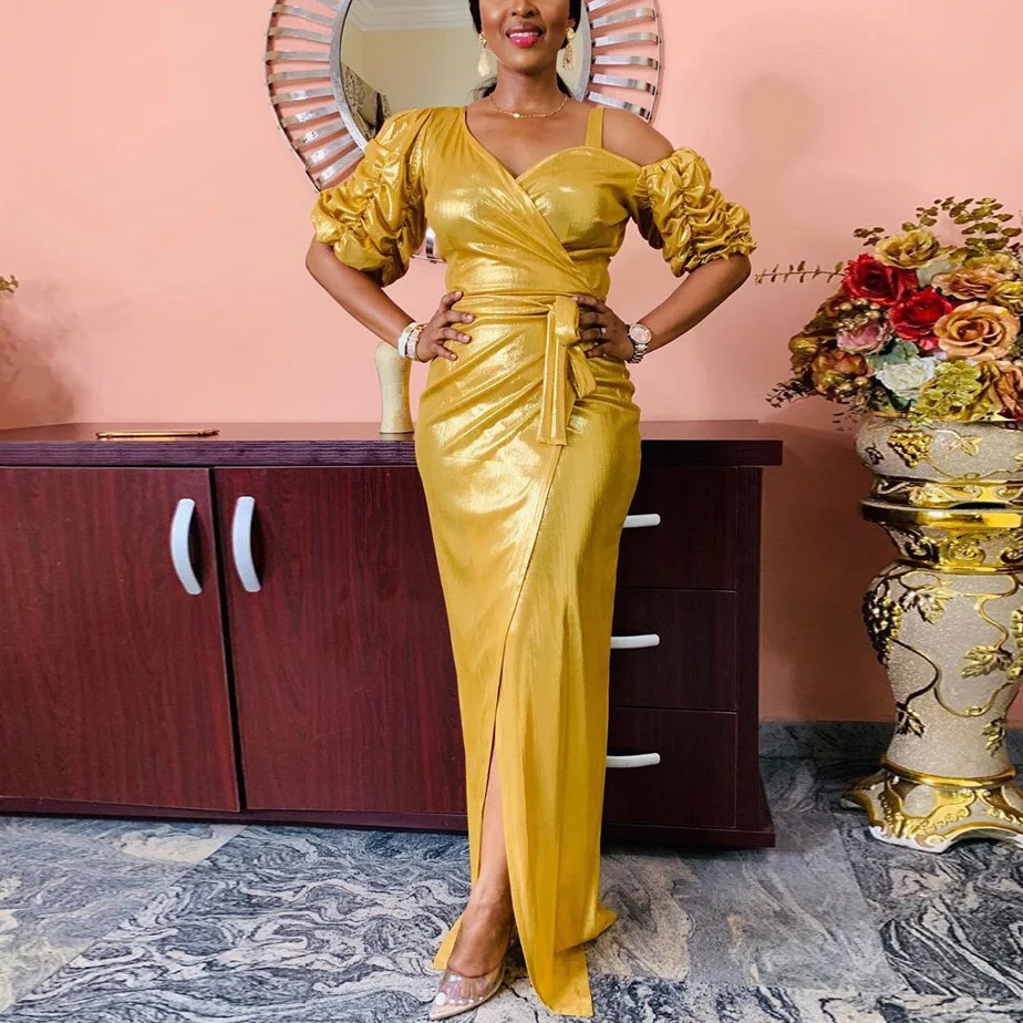 

Женское золотистое платье с разрезом, Элегантное Длинное блестящее платье до пола с V-образным вырезом, высокой талией и рукавом до локтя дл...