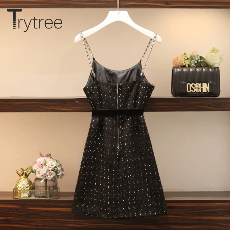 Trytree 2020 AW Women Casual two piece set Knitted Sweater + Sling Dress Polka Dot Zipper Sashes Set Fashion A-line 2 Piece |