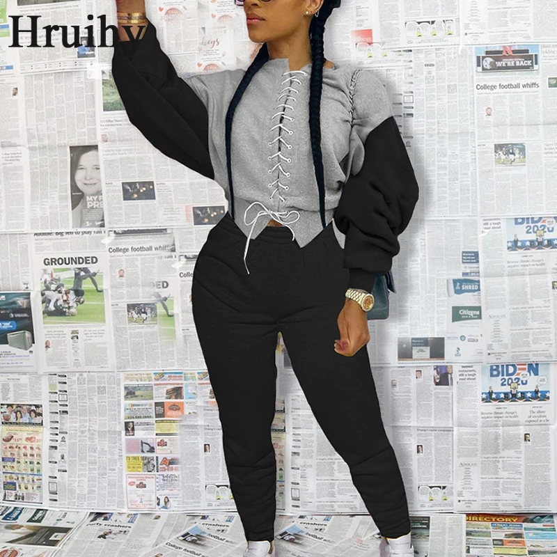 

Plus Size 2 Piece Set Women Criss-cross Bandage Long Sleeve Top Pants Woman Tracksuits Color Matching Casual Knit Pants Sets