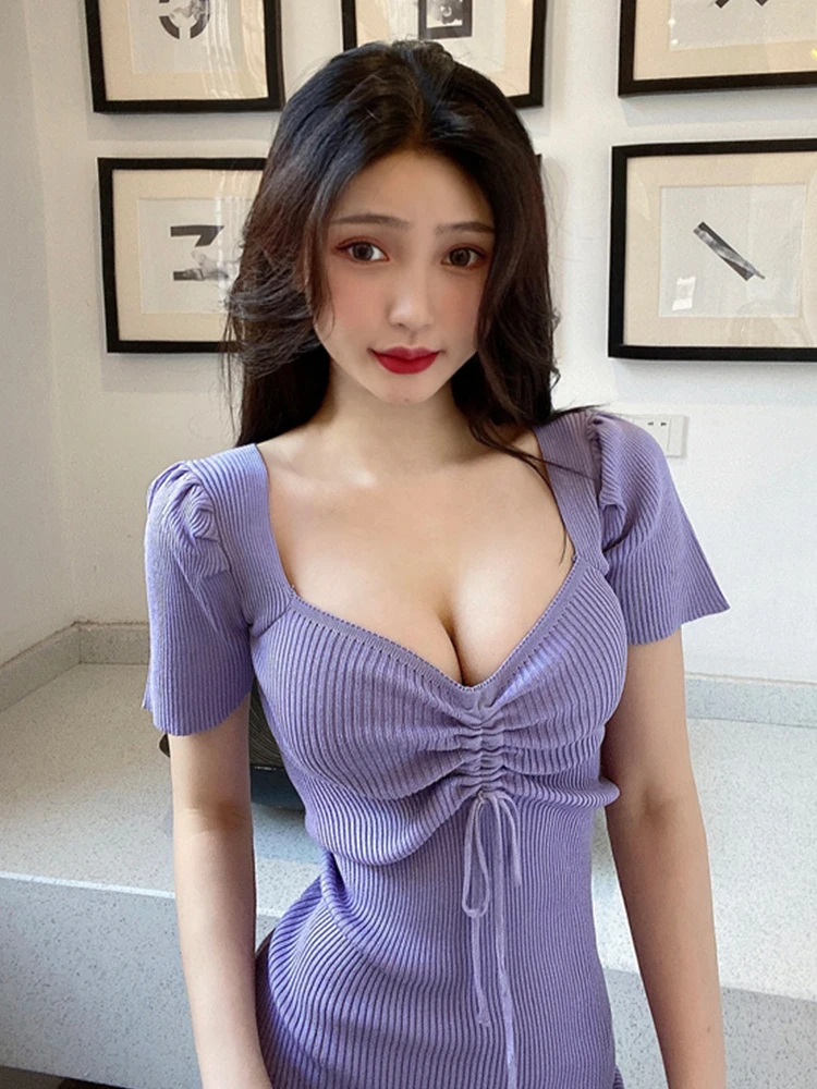 Женское трикотажное мини-платье облегающее платье с высокой талией V-образным