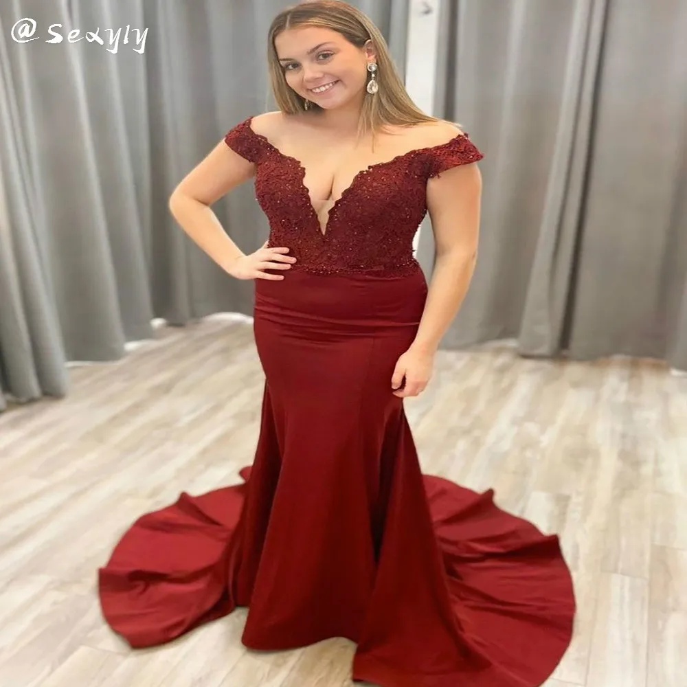 

Dark Red Mermaid Prom Dress 2021 For Black Girls Sexy Off Shoulder Satin Long Chic Women Evening Dress Lace Vestidos De Fiesta