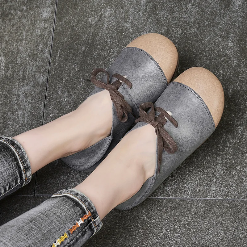 

Johnature Flats Women Shoes Mixed Colors Genuine Leather 2021 New Spring Lace-up Two Ways To Wear Round Toe Shallow Ladies Shoes