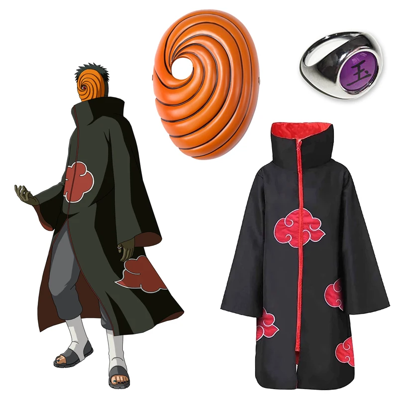 

3pcs Akatsuki Uchiha Tobi Obito Anime Japanese Ninja Cosplay Costume Accessories Props Red Cloud Cloak Halloween Mask Ring Suit