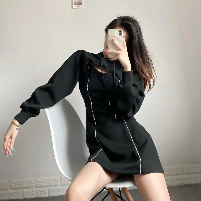 

New Autumn / Winter 2020 Women's Hooded Dress Plus Size Korean Version Sexy Slim Hollow Out Two-Piece Set Zipper Loose
