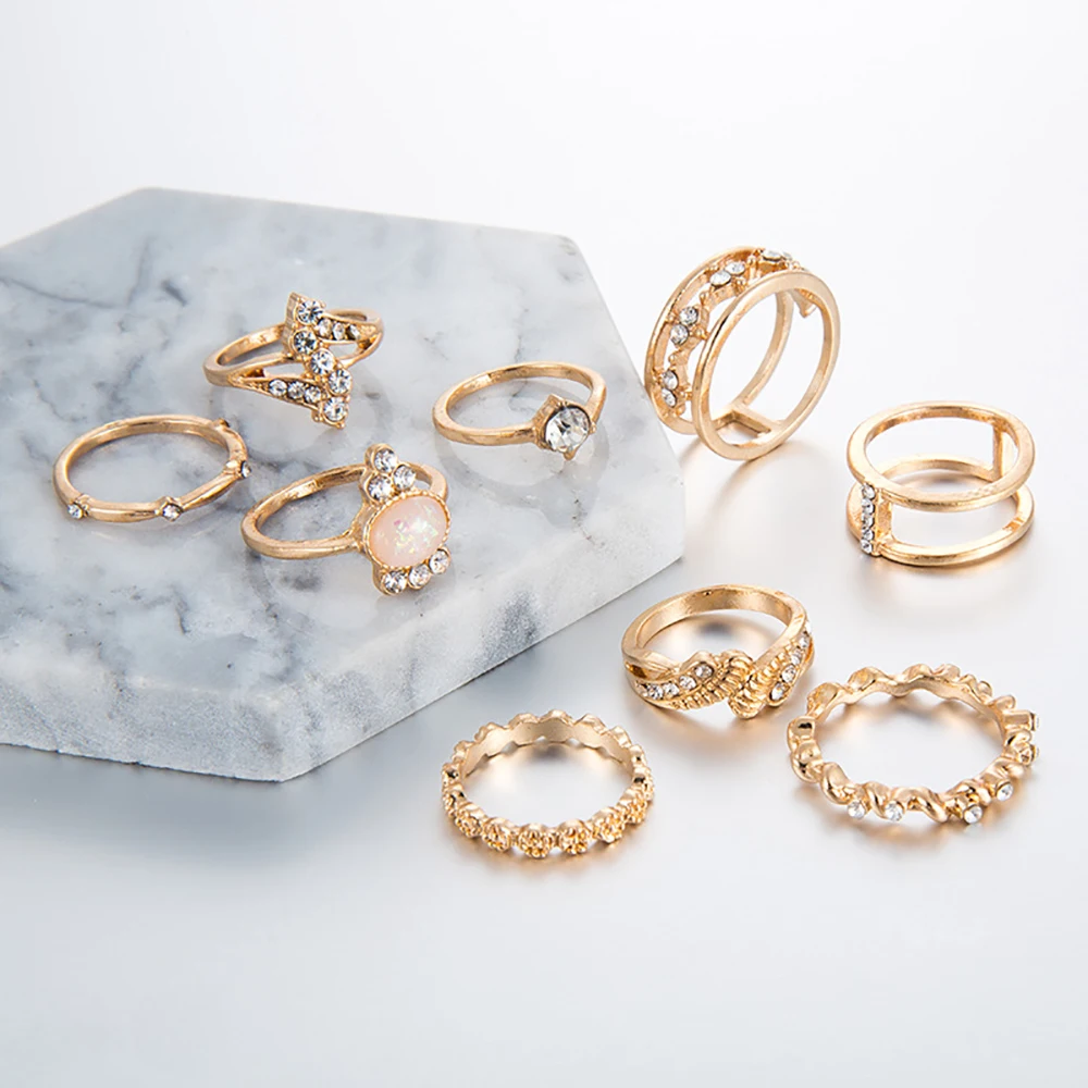 Женский комплект колец в стиле бохо винтажный золотого цвета с короной и