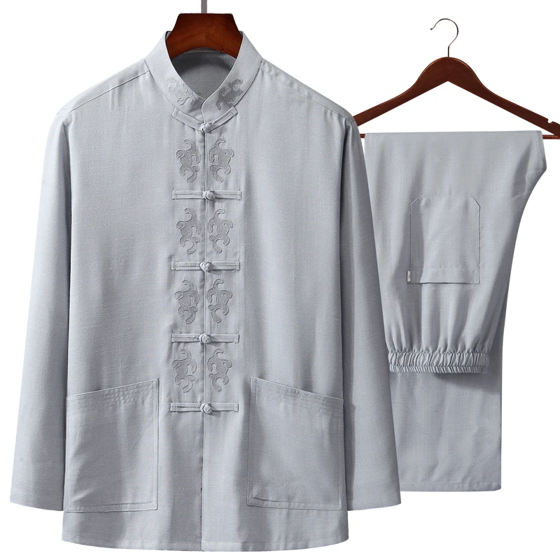 Новинка мужская рубашка из хлопка и льна в китайском стиле с длинным рукавом