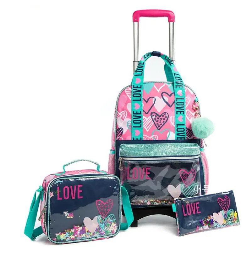Набор школьных сумок с колесами и сумкой для ланча, школьный рюкзак на колесиках для девочек, студенческий портфель на колесиках