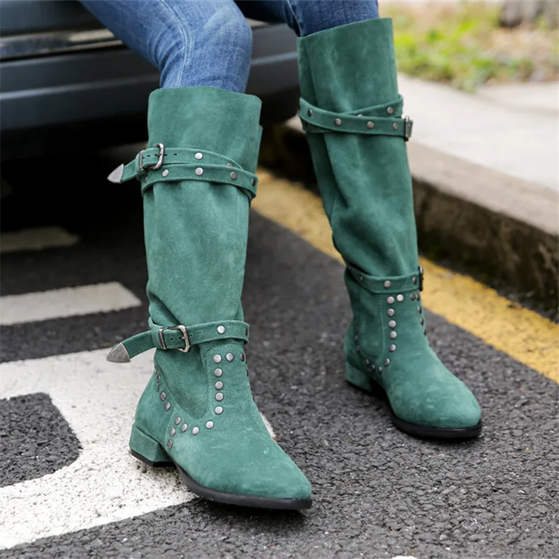 

Mabaiwan 2020 Fashion Cow Suede Knee High Boots Women Knight Buckle Shoes New Retro Motorcycle Booties Warm Winter Rivet Boots
