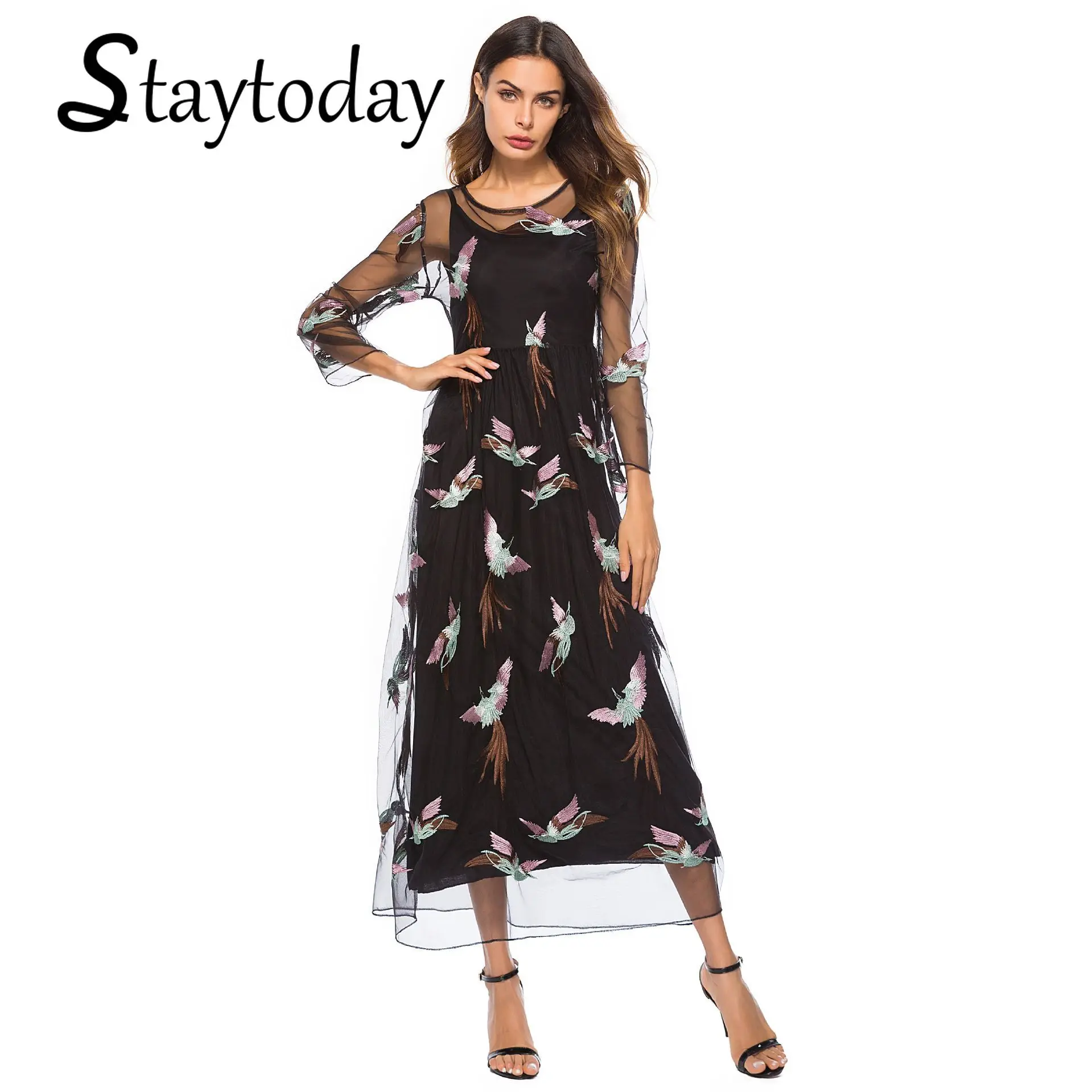 Платье с кружевной вышивкой в виде птиц 2 предмета хлопковая рубашка на бретелях