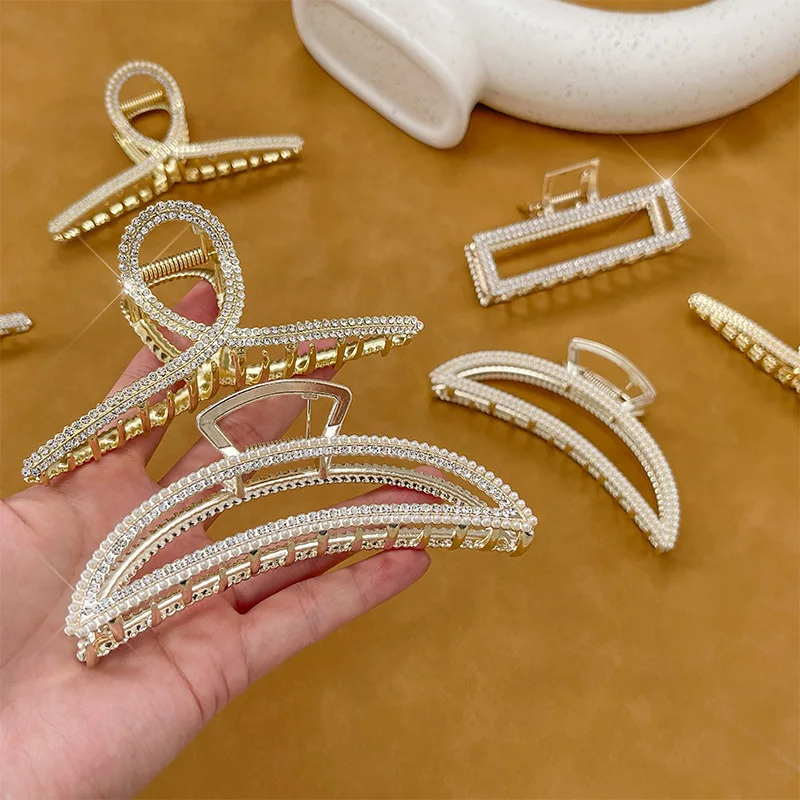 

2021 New Women Elegant Luxury Crystal Pearls Geometric Big Metal Hair Claws Sweet Headband Hairpin Fashion Hair Accessories