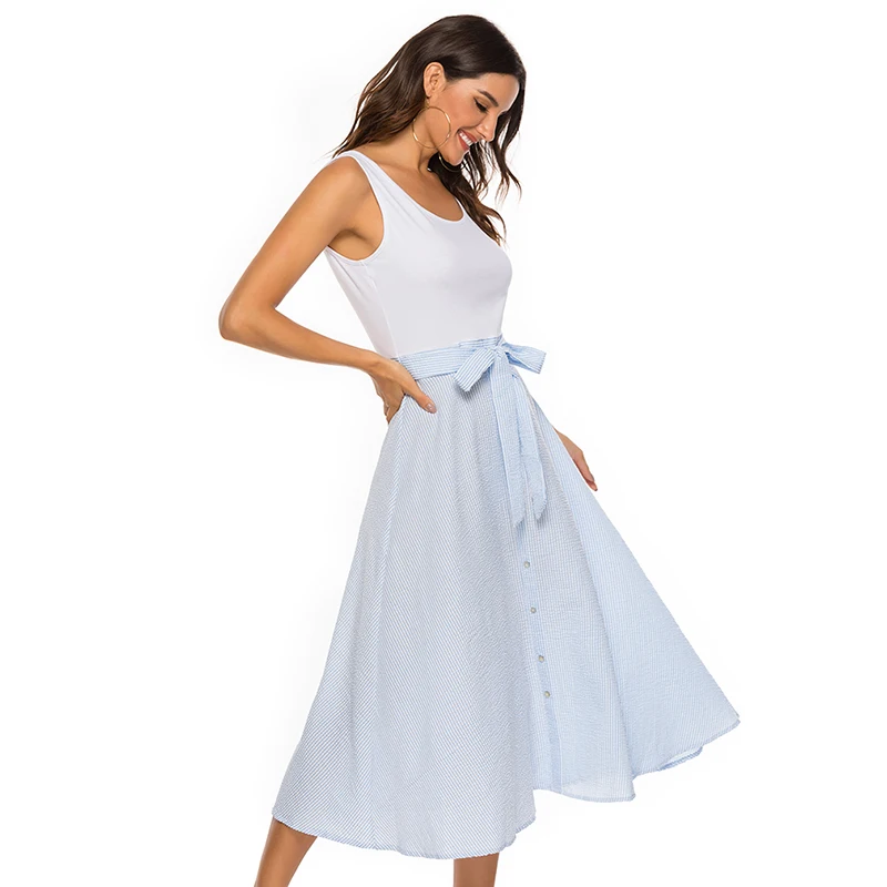 Женское платье с круглым вырезом повседневное модное платье-жилет в полоску