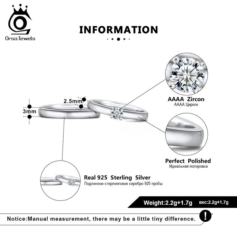 ORSA JEWELS, классические кольца для пар, Настоящее 925 пробы, Серебряный подарок на день Святого Валентина, обручальное кольцо, модные украшения SR196