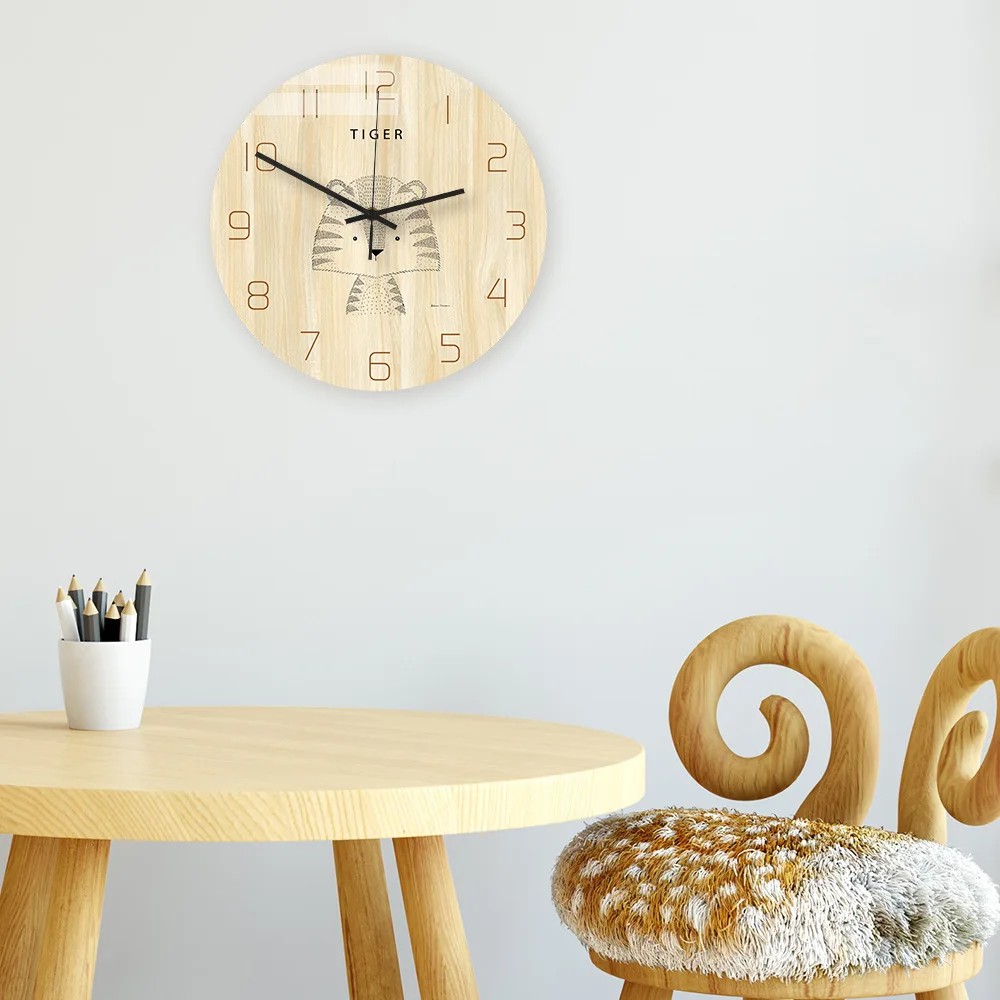 

Tiger Nordic cartoon animal wall clock acrylic wood color printed clock living room bedroom decoration home decor